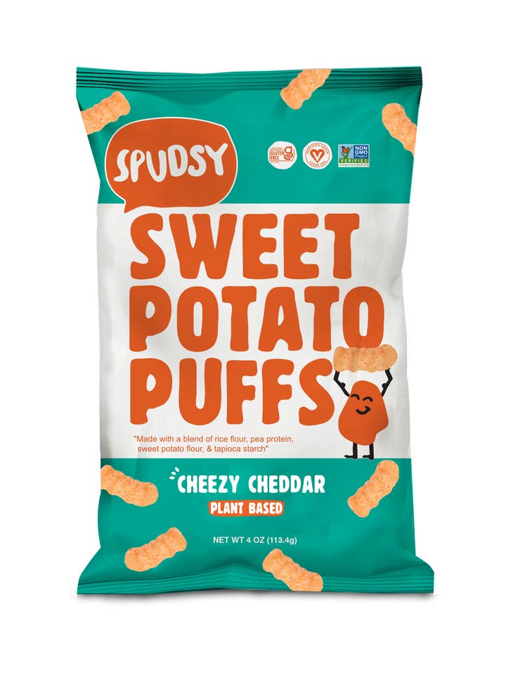 Sweet Potato Puffs - Vegan Cheesy Cheddar (4oz/12ct) for wholesale by Spudsy
