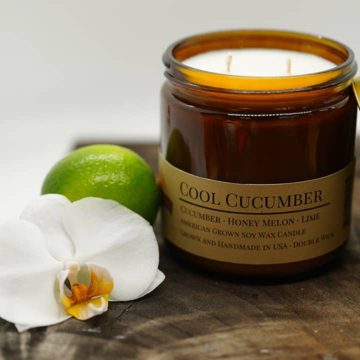 Vela de cera de soja Cool Cucumber, 16 onzas, doble mecha, color ámbar para venta al por mayor de Prairie Fire Candles