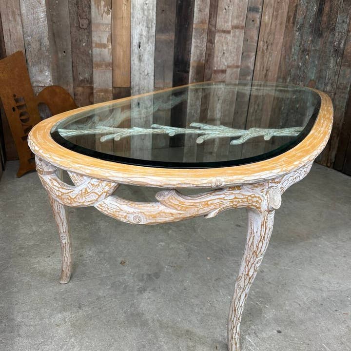 Vintage Oval Glass Top Beech Carved Dining Table for wholesale by belvoir