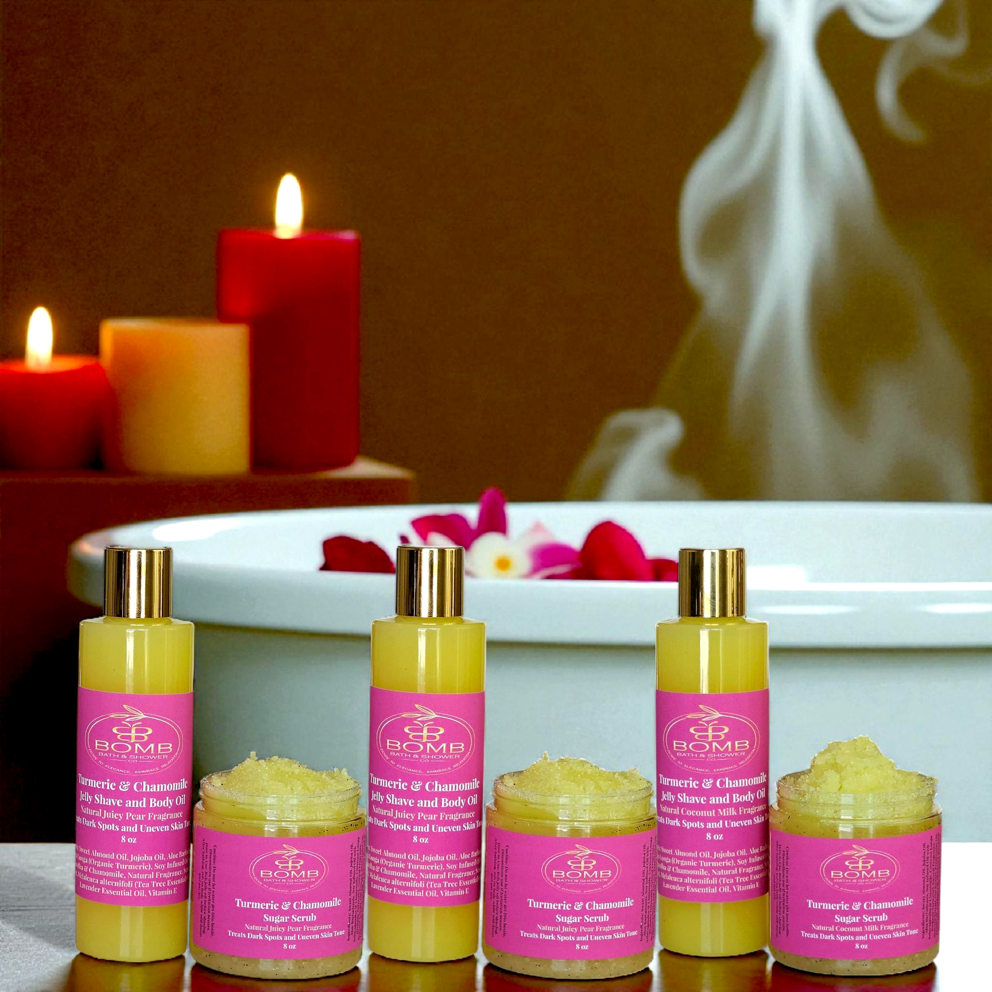 Bomb Bath & Shower Co LLC - Wholesale Bath/Body Oil - Turmeric & Chamomile Shave, Body Serum, and Sugar Scrub Set3