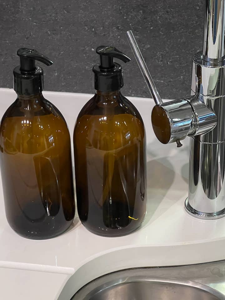 500ml Amber Glass Refillable Eco Dispenser Bottle with pump for wholesale by Mrs Green's Eco Store Ltd