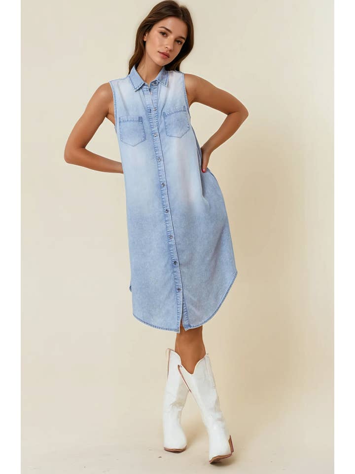 Doe and Rae - Wholesale Dress - Women's - SLEEVELESS TENCEL DENIM KNEE LENGTH SHIRT DRESS - 27647D