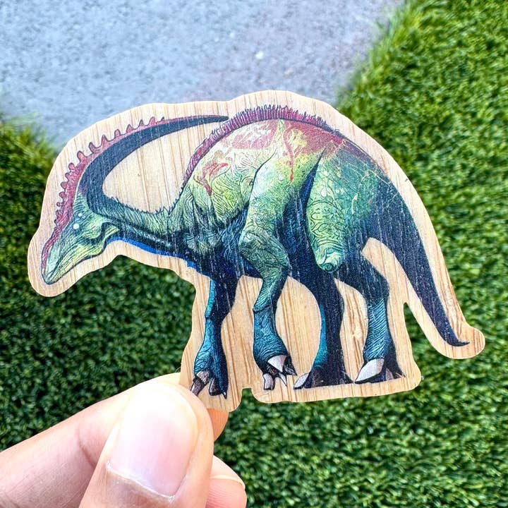 Parasaurolophus Dinosaur Bamboo Wood Sticker for wholesale by AFK Design Co