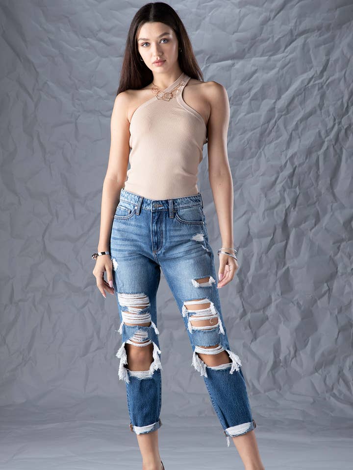 Jean en jean taille moyenne super haute Distress Mom pour femmes, automne pour la vente par Ceros Jeans