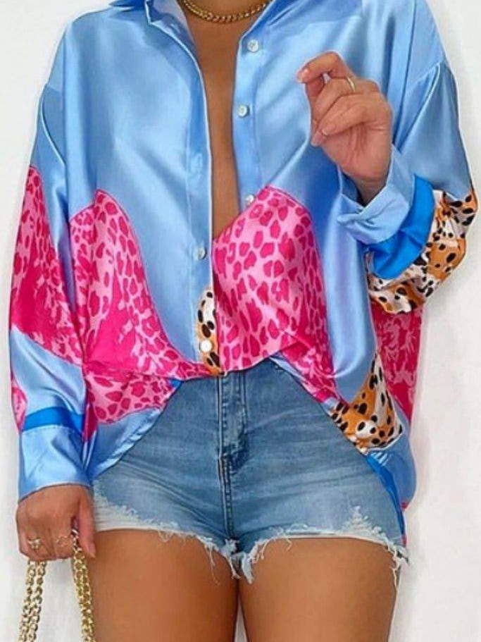 casual print patchwork turndown collar blouses for wholesale by Queen Fashion
