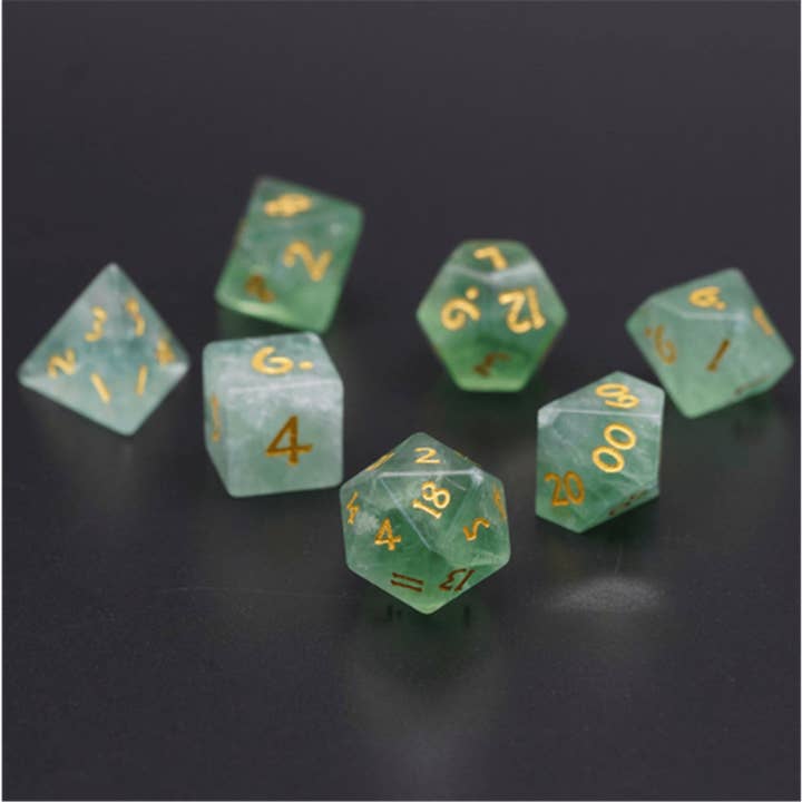 Green Amethyst Gemstone Dice Set for wholesale by Geek Therapeutics