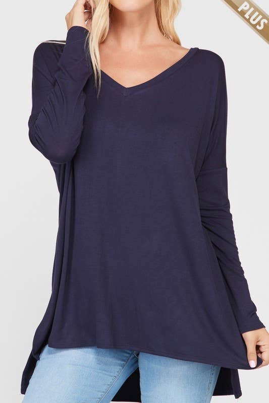 A.gain – wholesale Tunic – Women’s – 10210LP07 - PLUS SIZE SOLID LOOSE FIT V NECK LONG SLEEVE TOP0