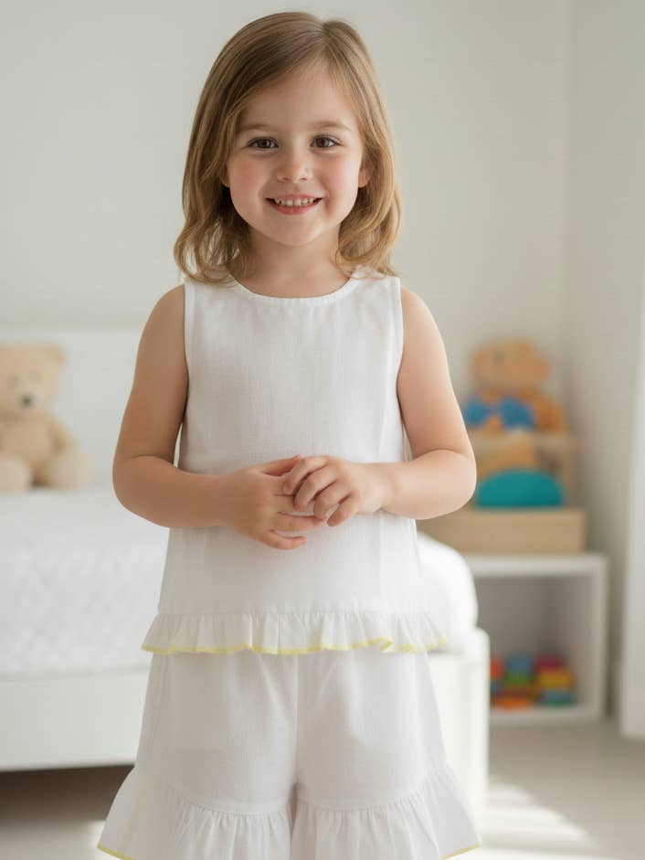 Shorts and Top with Ruffle Edge : WHITE WITH PALE YELLOW : Infant : Toddler : Tween for wholesale by Yo Baby