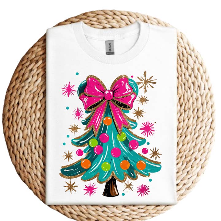 Christmas Tree With Pink Bow Christmas Graphic Tee for wholesale by Londas Tees and Tumblers