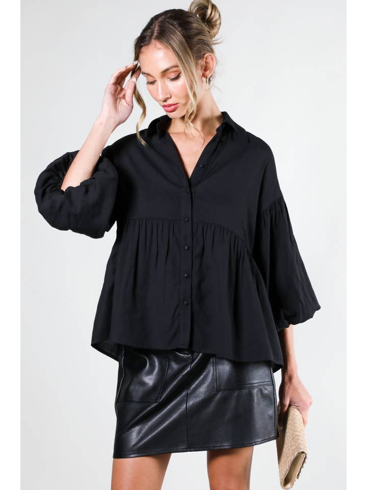Vine & Love - Wholesale Blouse - Women's - Collared Balloon Sleeve Button-Up Blouse Shirt VT31805