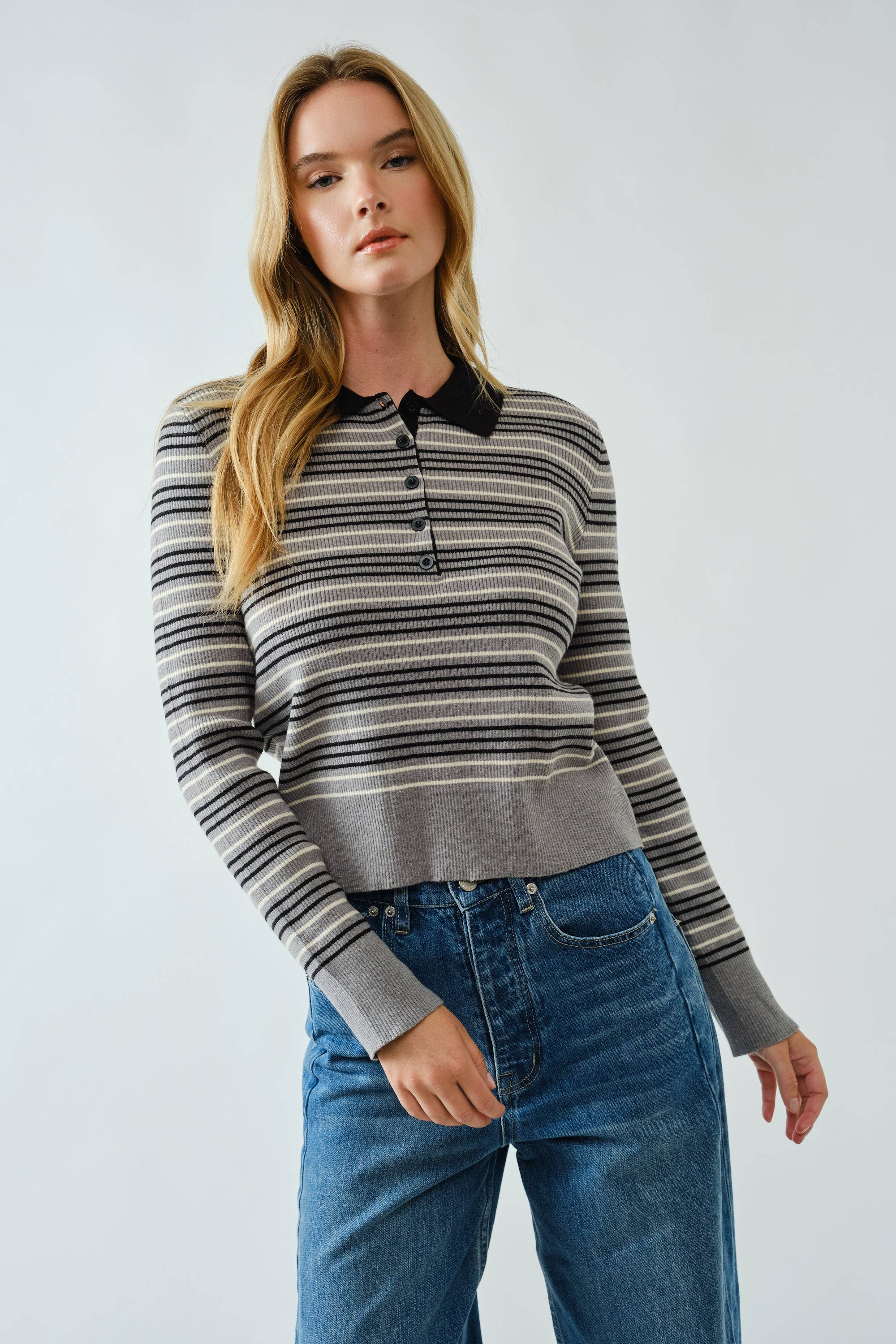 Aaron & Amber - Wholesale Polo - Women's - AJT5193 TIMELESS STRIPED POLO SWEATER TOP1
