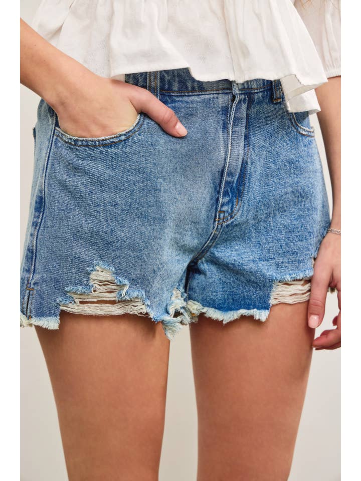 BACK POCKET STAR SHADOW PATCH DENIM SHORTS for wholesale on Faire