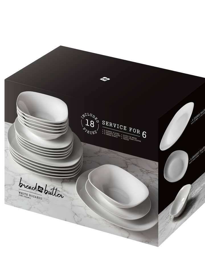 Soft Square Ceramic Dinner set - 18 pc set - All White set for wholesale by Fine Life Products