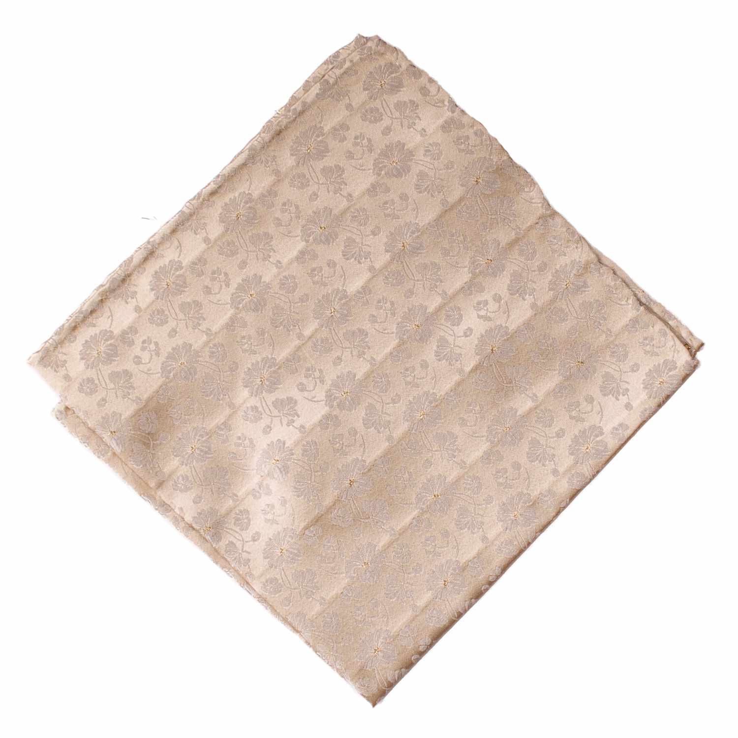 Graffeo Cravatte - Wholesale Handkerchief - Men's - Vintage Champagne-Colored Silk Pocket Square with Silver Gray Floral Gold Lurex POCV10312