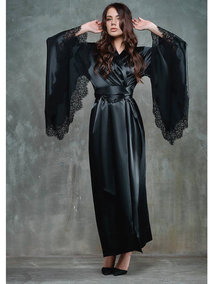 KÂFEMME and Co - Wholesale Robe - Women's - Eliza Long Silky Kimono Robe - Black, Grey, Red