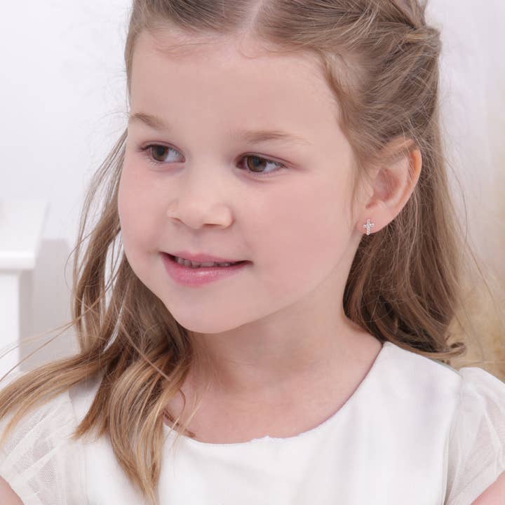 Cherished Moments – Großhandel Ohrringe – Kinder – Sterling Silber Taufkreuz CZ Ohrringe Babytaufe Geschenk2