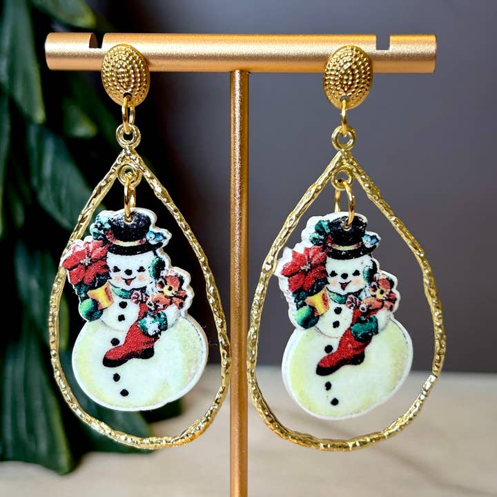 Vintage Snowman Earrings – Holiday Clay Teardrop Dangles for wholesale by Lady Bug Custom Gifts