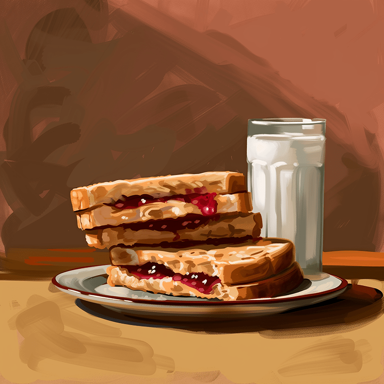 Mowbi - Wholesale Art Print - Peanut Butter and Jelly Sandwich with a Glass of Milk 8”x8” Art Print Bistro Collection0