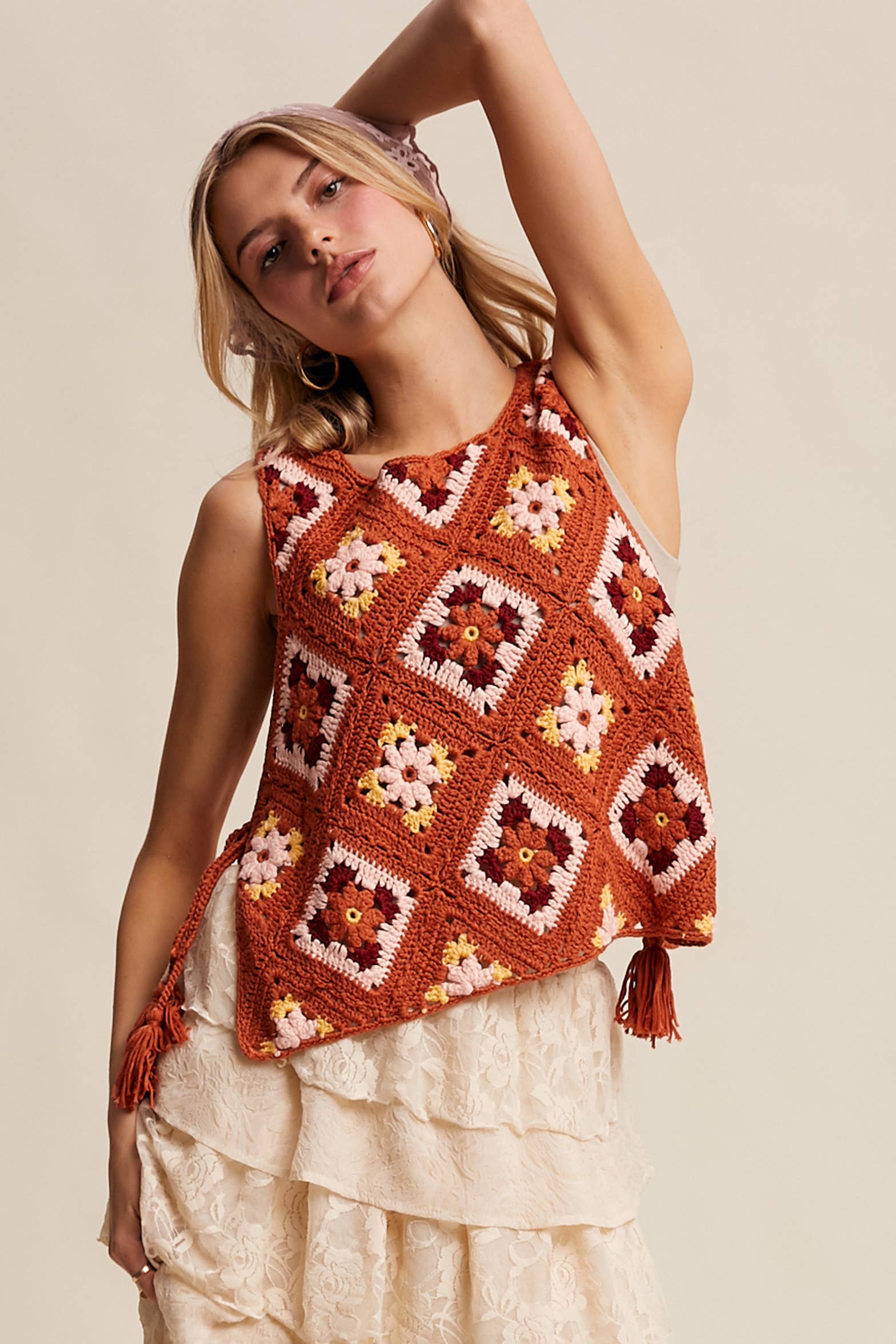 Listicle - Wholesale Sweater Vest - Women's - Crochet Granny Square Tassel Tie Vest LSW100625