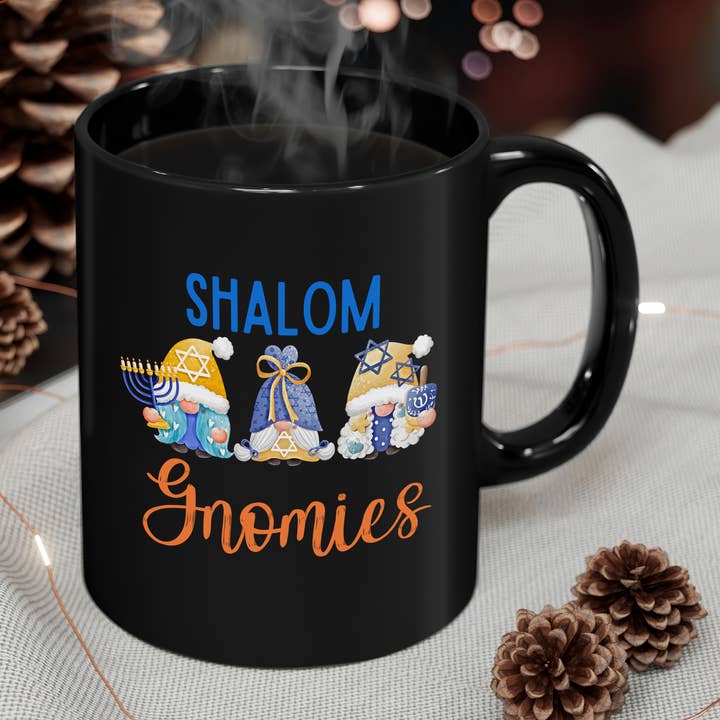 Shalom Gnomies Hanukkah Mug Cute Jewish Holiday Black Mug for wholesale by Vivtrek