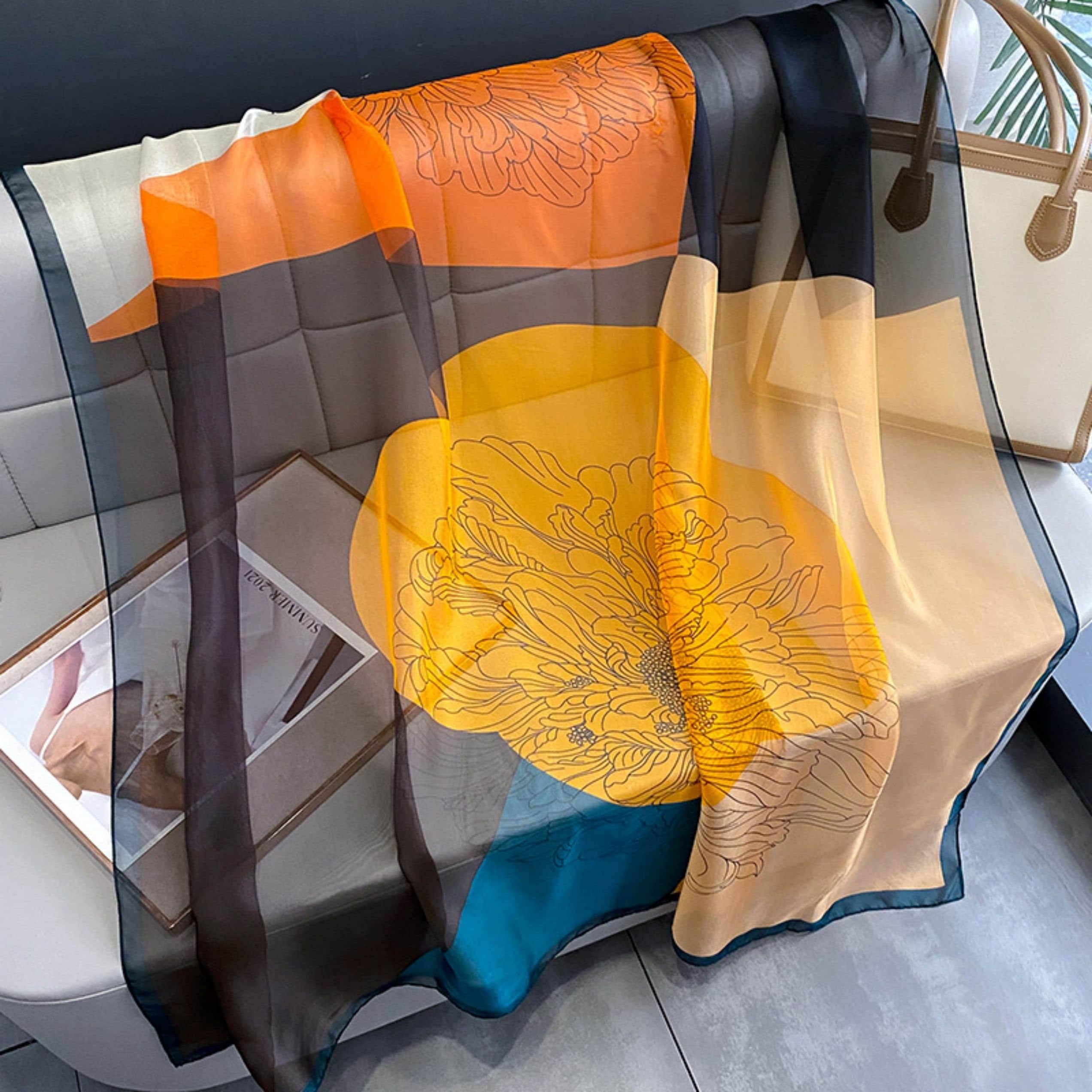 SueSilkHK – wholesale Scarf – Women's – Color blocking summer sarong/Oriental aesthetics sarong/UV protection silk scarf/Summer Cape/Beach Cover Up/Beach Sarong/Gift for her1