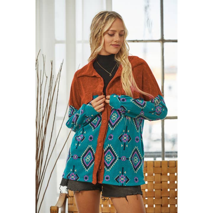 Chunky Solid Sweater Contrast Aztec Shacket for wholesale by salt & bit