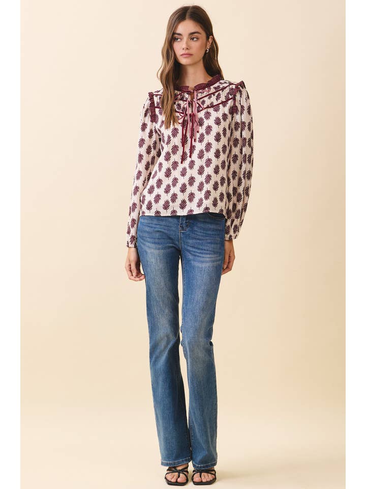 Burgundy CT9675-Leaf Print Ruffled Collar Front Tie Detail Blouse for wholesale on Faire4