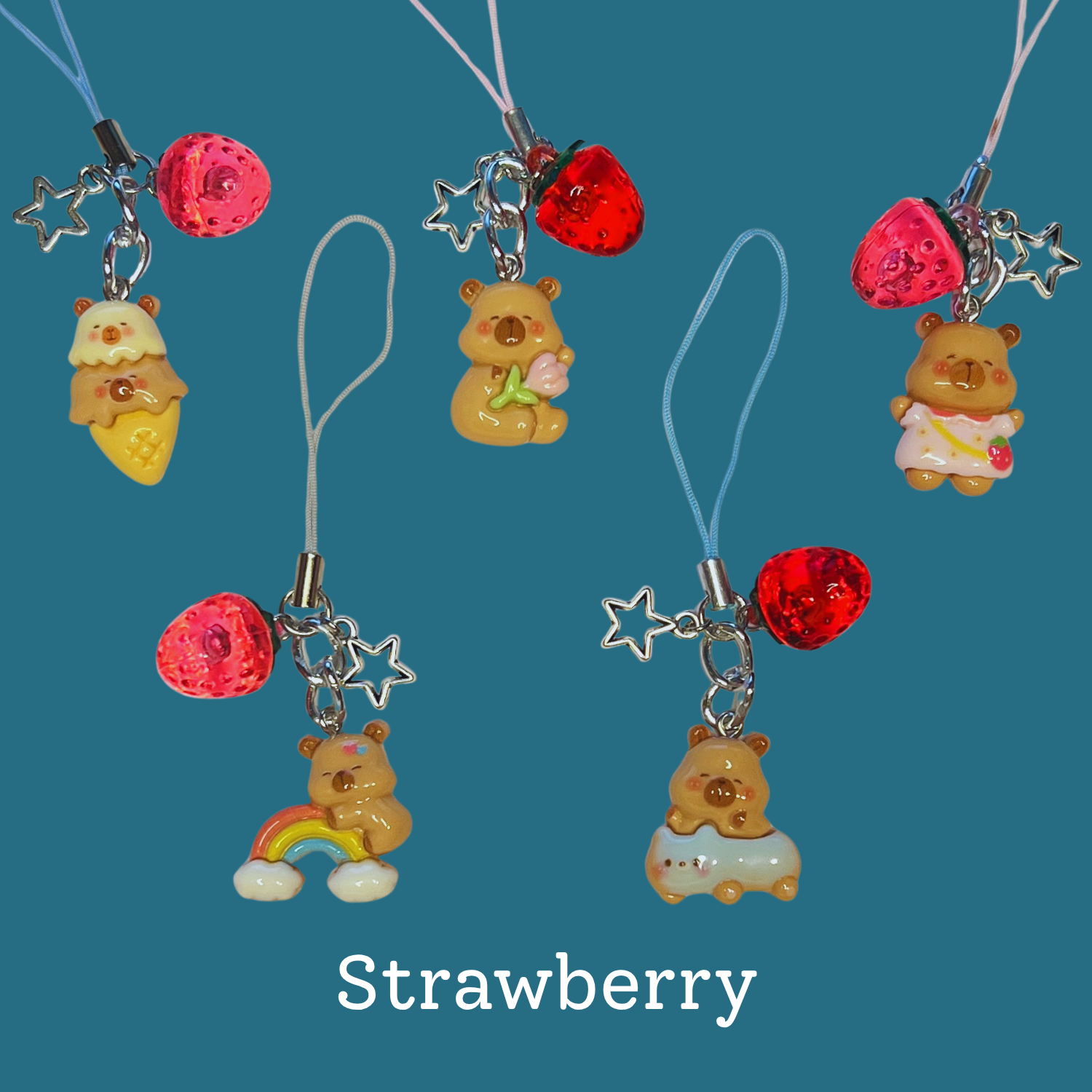 Faebelle Haven – wholesale Keychain – Women's – Capybara Tech Charm - Beaded & Strawberry | Cute Kawaii Keychain Phone Accessory0