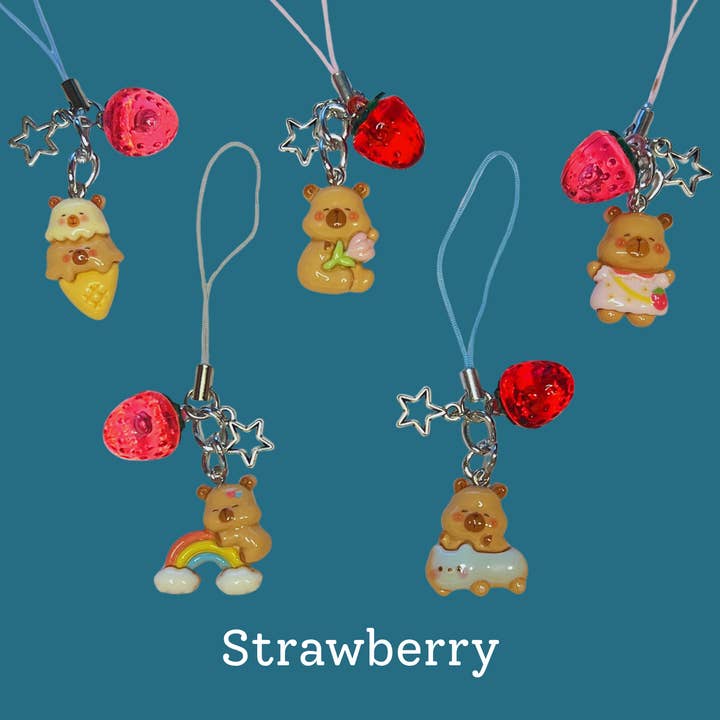 Faebelle Haven - Wholesale Keychain – Women's - Capybara Tech Charm - Beaded & Strawberry | Cute Kawaii Keychain Phone Accessory