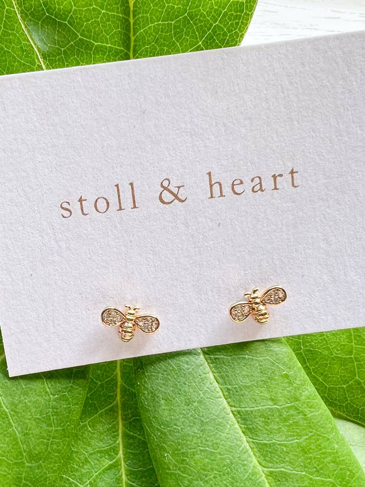 Bee Studs - Gold with Cubic Zirconia wings for wholesale by Stoll & Heart
