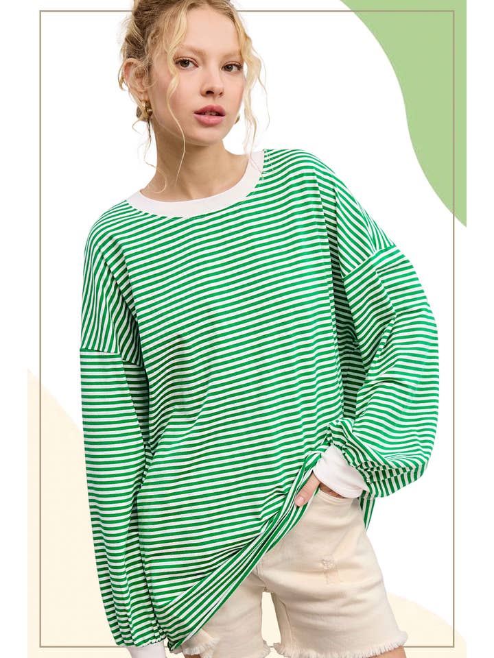La Miel - Wholesale Knit Top - Women's - MCT7678-Oversized Striped Long Sleeve Pullover Top