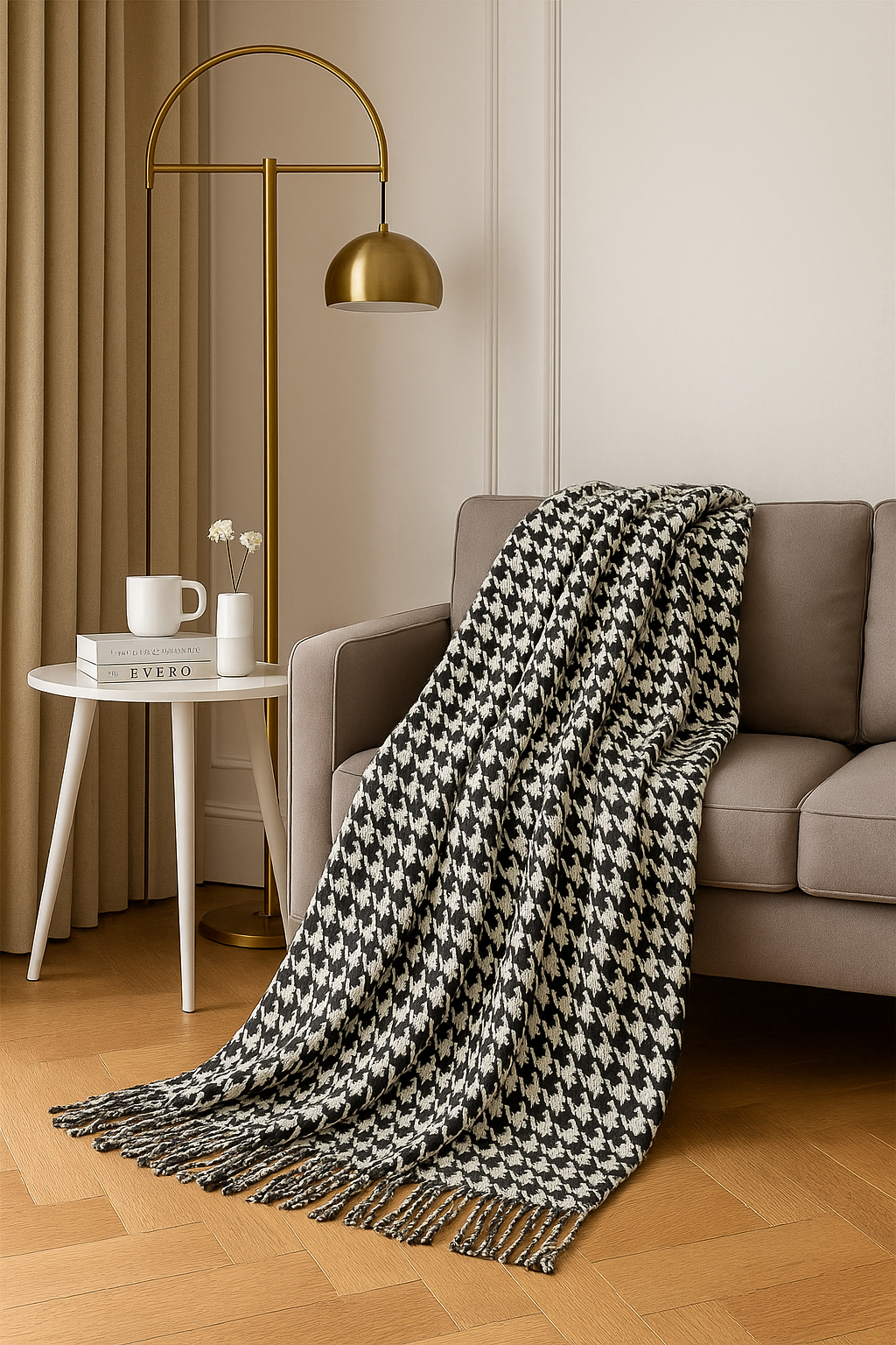 Fennco Styles - Vente Plaids - Plaid à franges en forme de pied de poule noir/blanc2