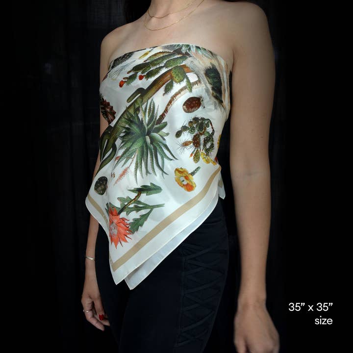 Curious Prints - Wholesale Sjaal - Dames - 100% Zijde Sjaal Botanische Cactus Zomer Bandana Wandkleed