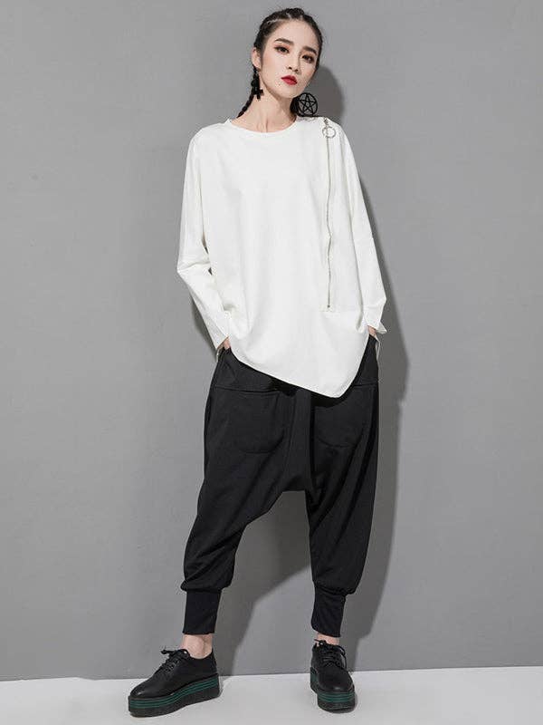 Sheer Trend - Wholesale Tunic - Women's - Black&White Asymmetric Zipper Split-Joint Loose T-Shirt Tops10