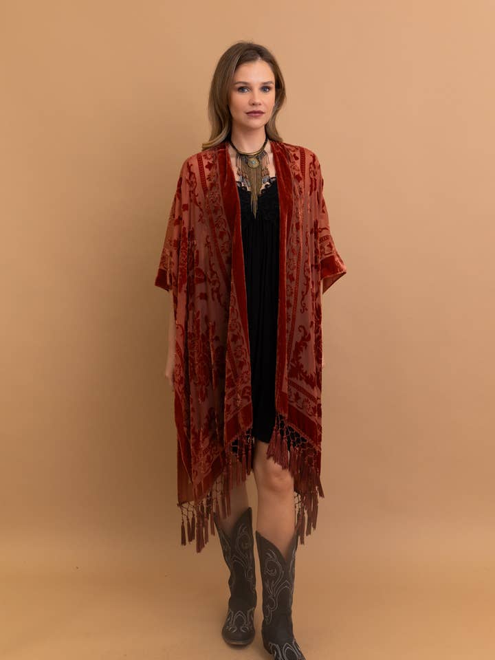 Leto Accessories - Wholesale Kimono - Women's - Bestselling Velvet Mesh Tapestry Tassel Kimono 💎