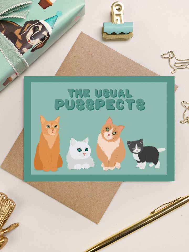 "Usual Pusspects' cat card for wholesale by Pink and Mint Design