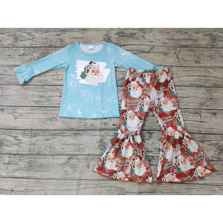 Aier Wholesale - Wholesale Top & Pant Set - Kids - Baby girls blue santa Christmas western bell pants clothes sets1