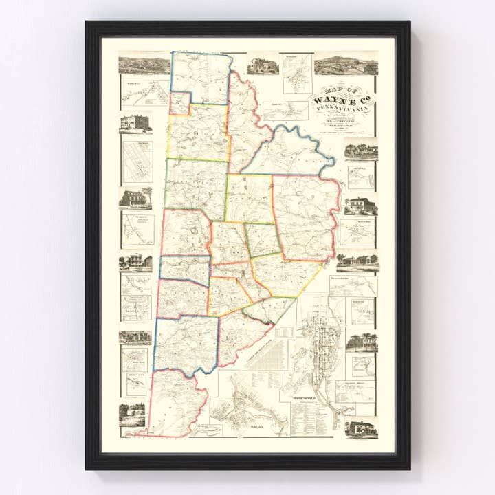 Vintage Map of Wayne County, Pennsylvania 1860 for wholesale by Ted's Vintage Art