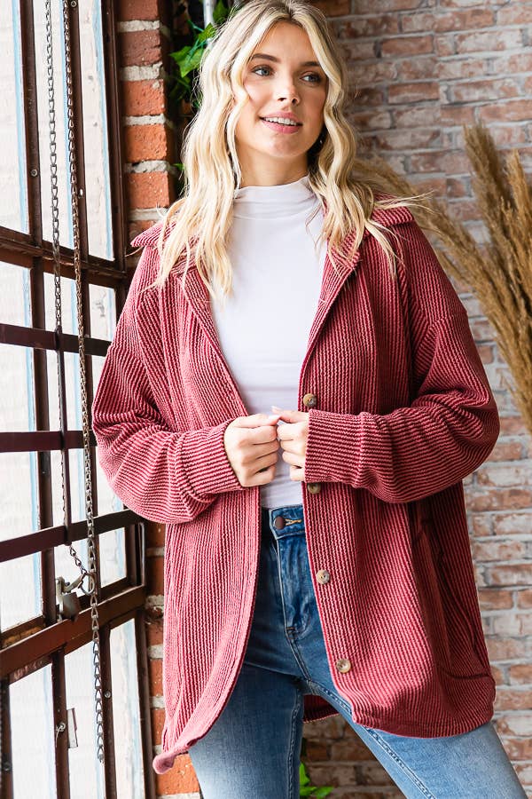 7th Ray – Großhandel Hemdjacke/Shacket – Damen – Solide Rippe Knopfleiste Seitentaschen Langarm Shacket T525651