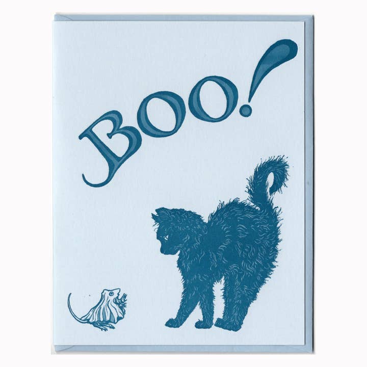 BOO! Kitten and Mouse Halloween Letterpress Card for wholesale by Dandy Lion Press