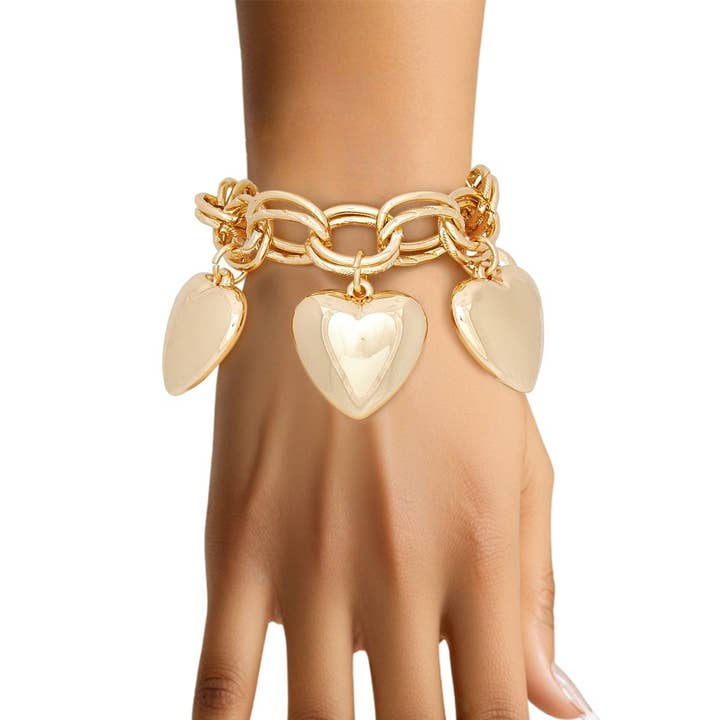 Charm Chunky Gold Puffy Heart Toggle Bracelet for wholesale by PinktownUSA
