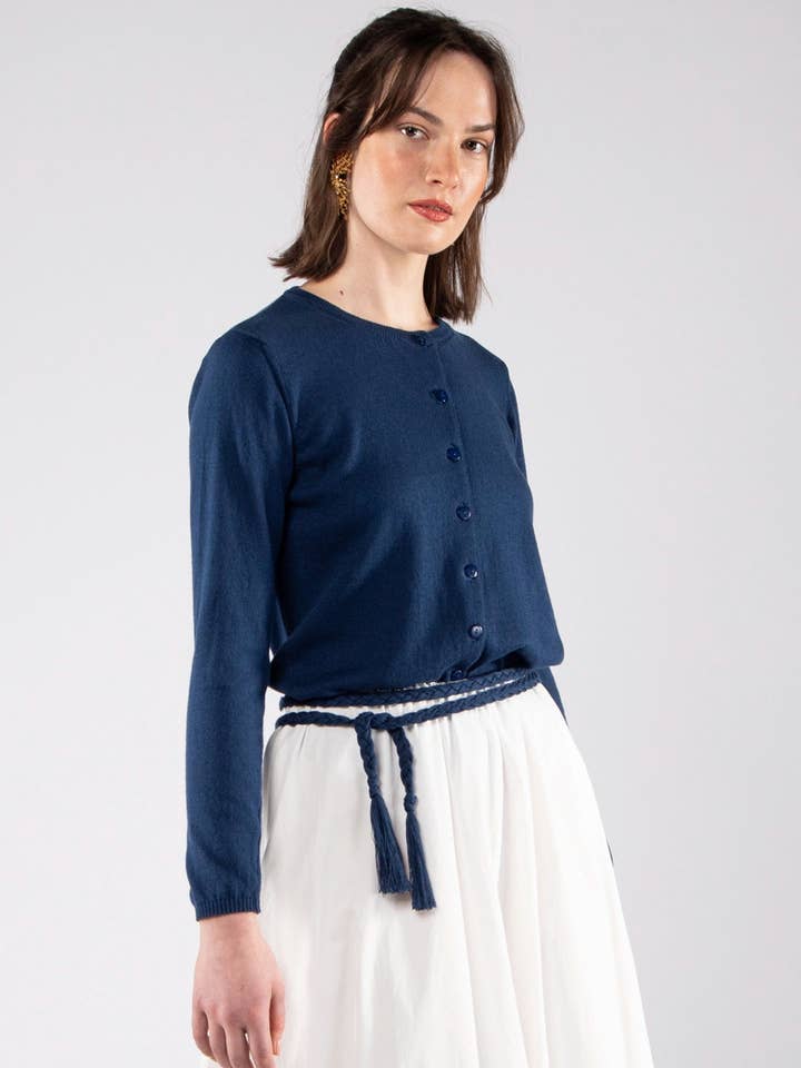 Navy Blue Baby Cardigan in GOTS Organic Cotton for wholesale by Achega Knitwear