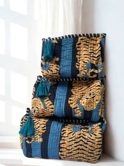 Block Print Toiletry Travel Bag ~ Blue Tiger for wholesale by Devi Shop