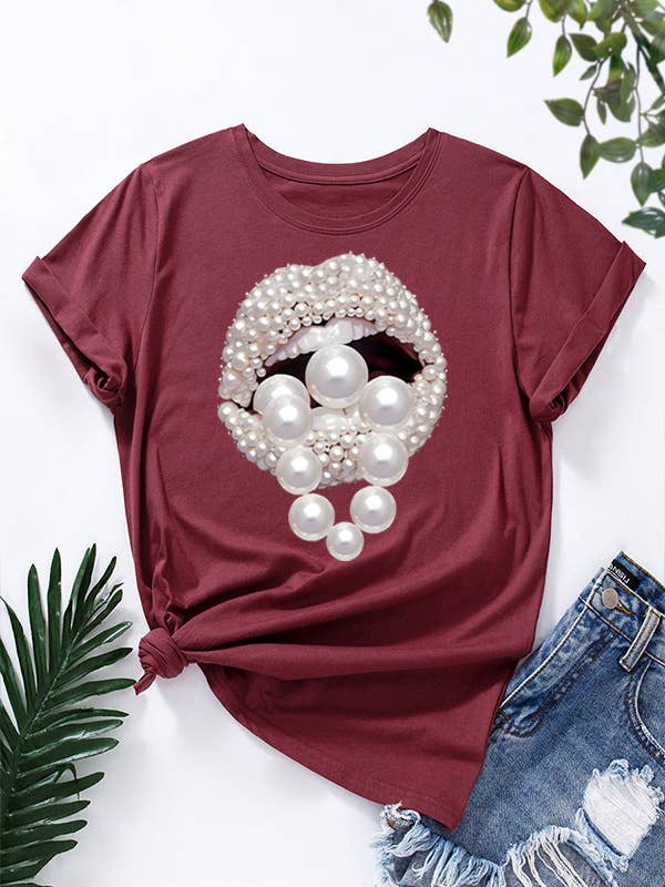 Rosa Clothing - Wholesale T-Shirt - Women's - Fashion T-shirt Round Neck Pearl Lips Print Short Sleeve4