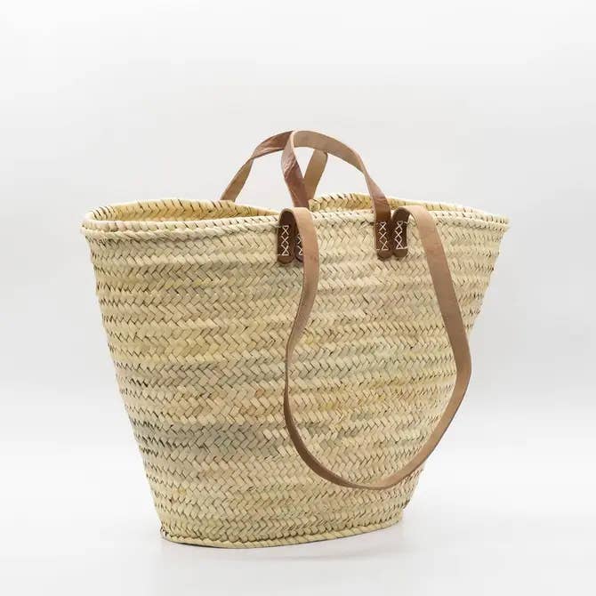 Cesto de compras francês com alças longas de couro duplo por atacado de Terracotta Design LTD