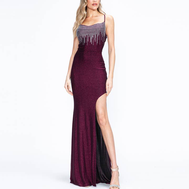 Rhinestone Cowl Neck Glitter Lace Up Back Maxi Dress Gown for wholesale by YNEZ