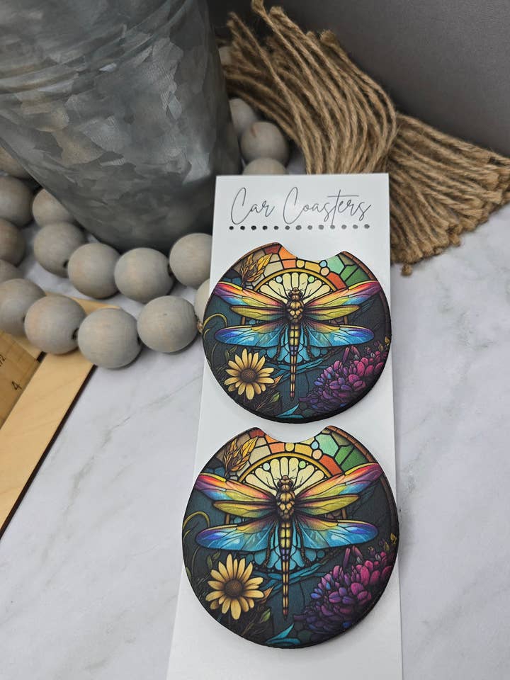 Stain Glass Dragonfly Car Coasters for wholesale by Woody Bee Creations