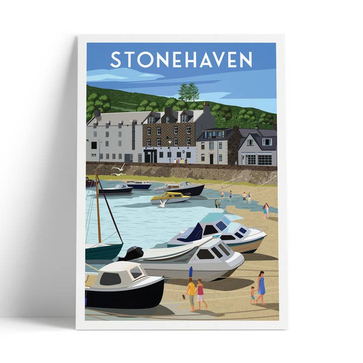 Stonehaven Harbour with People - Travel poster print for wholesale by Printagonist