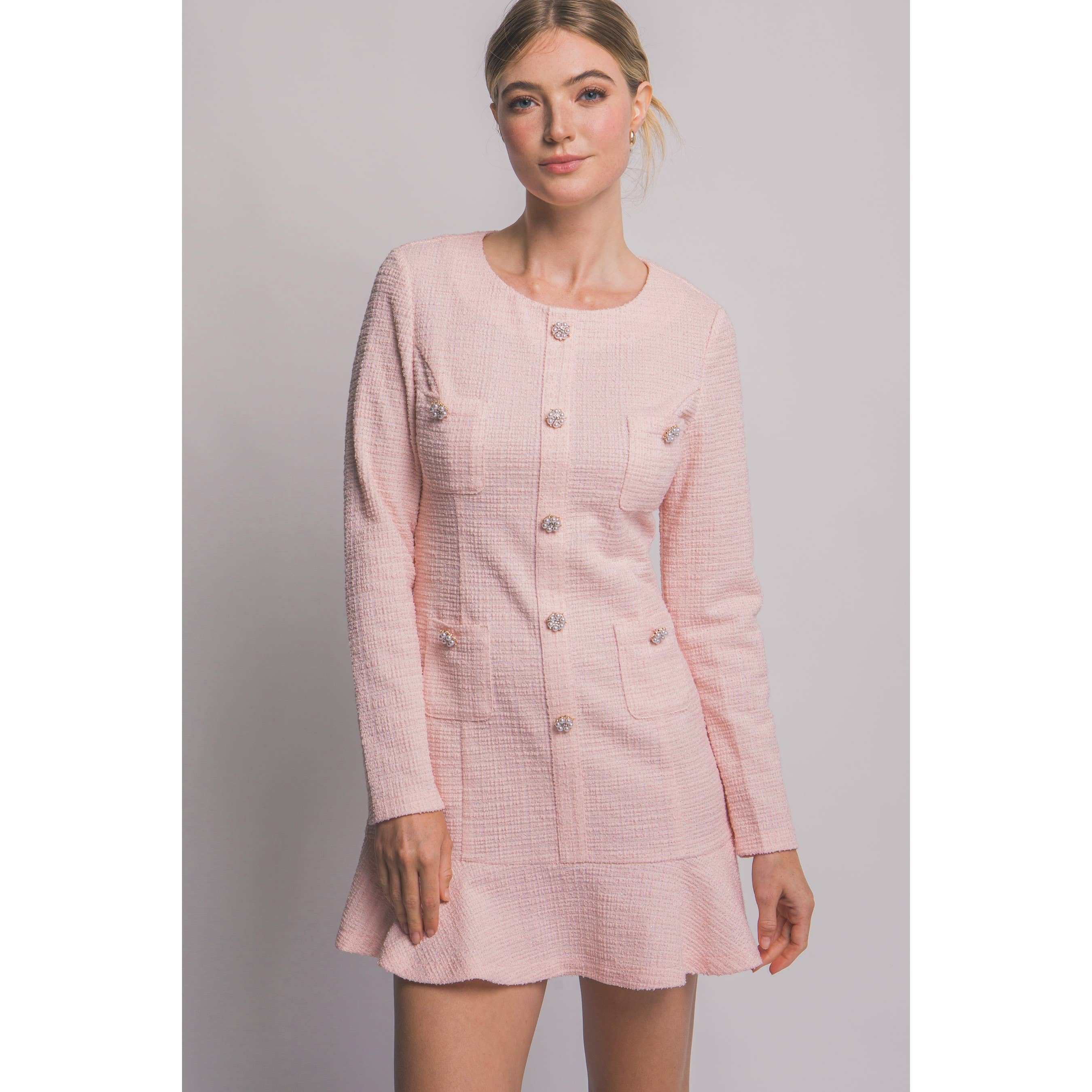 Paperdoll - Wholesale Dress - Women's - Long Sleeve Tweed Single Breasted Dress5