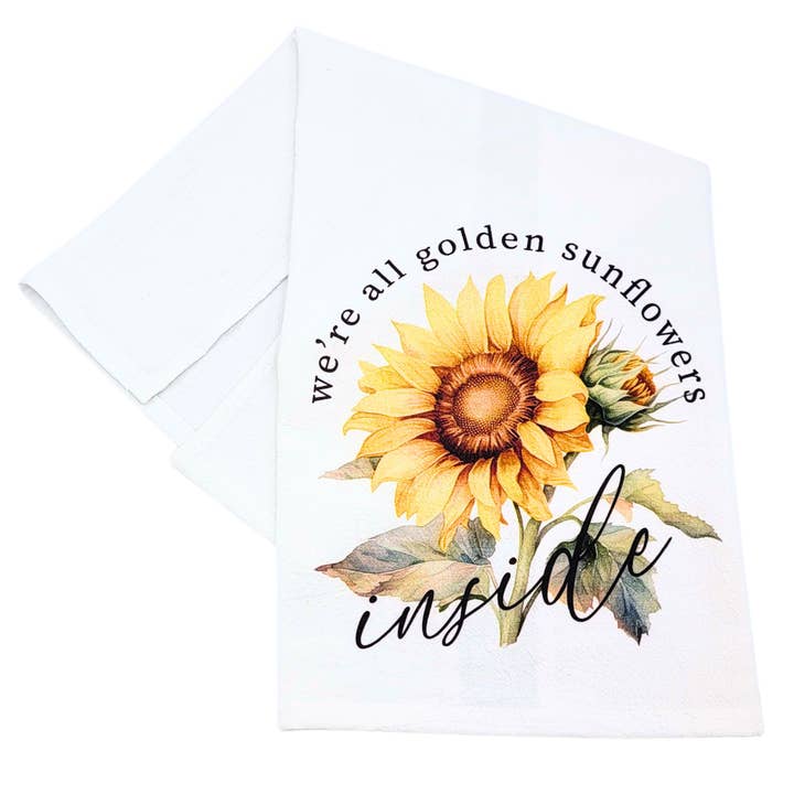 We're All Golden Sunflowers Cotton Tea Towels Sunflowers for wholesale by Driftless Studios
